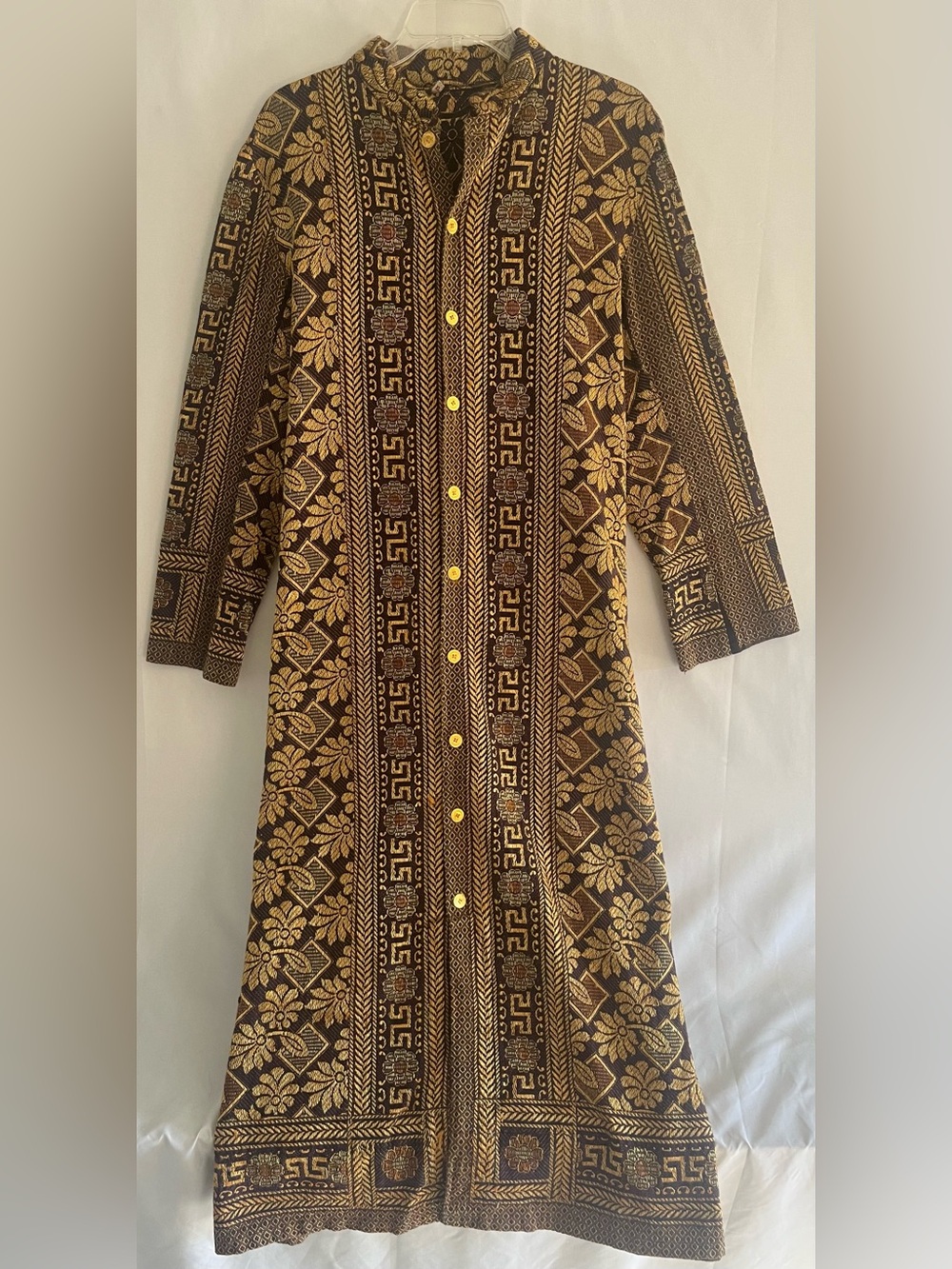Vintage Gold Brocade Maxi Duster Trench Coat XL
